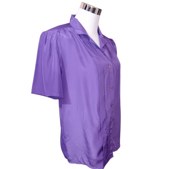 VINTAGE 80s 90s Blouse Top M/L(READ) Purple Tucks Pearlized Buttons Short Sleeve - Picture 3 of 8
